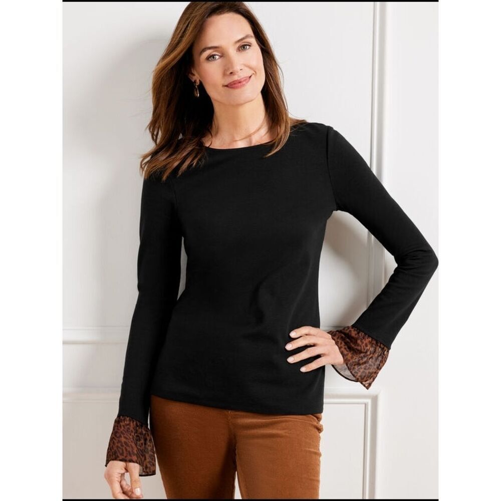 Talbot's Spectacular Animal Print Black Long-Sleeve Top with Leopard Bell Cuffs